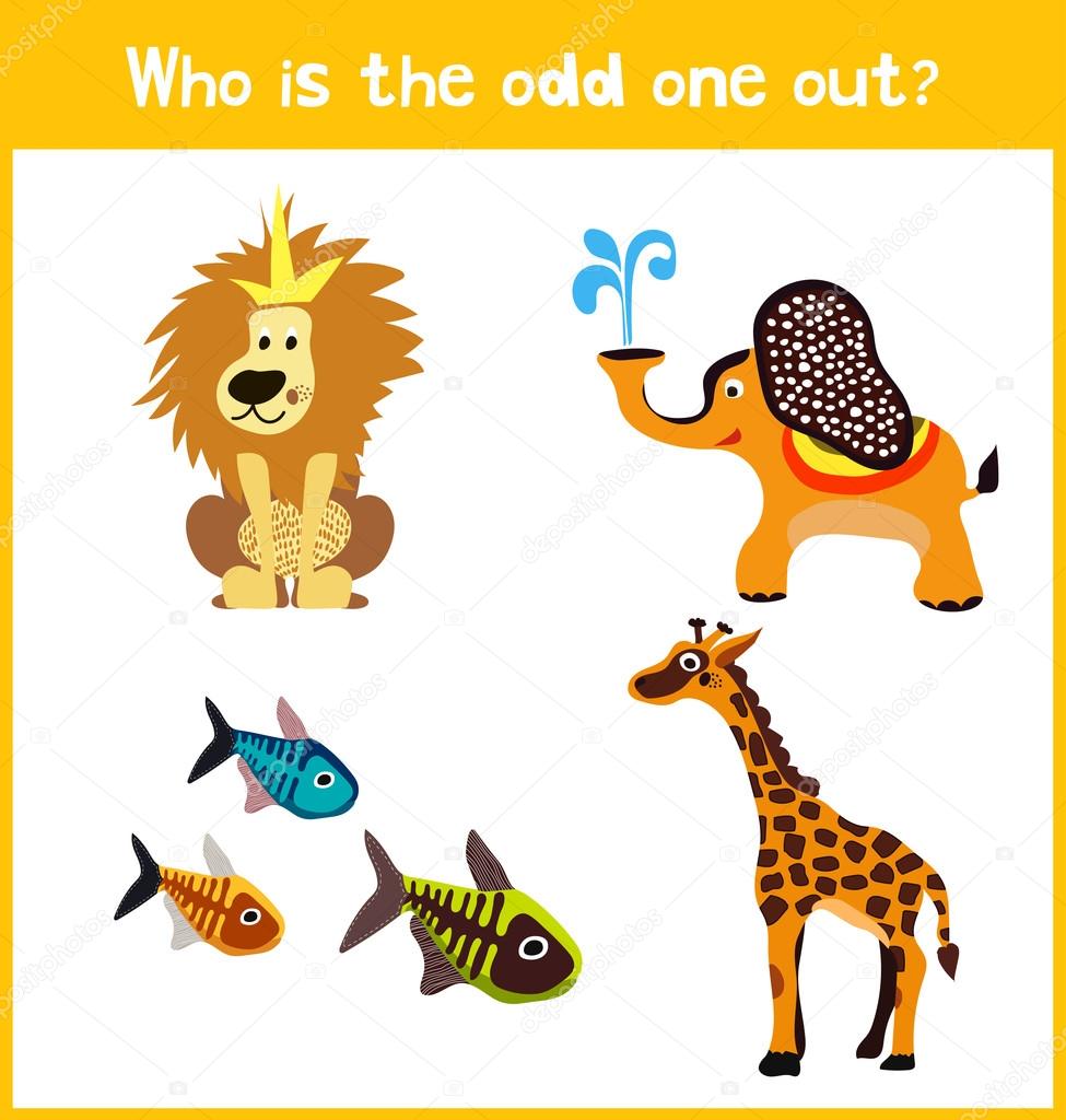 Children colorful educational cartoon game puzzle page for children's books and magazines on the theme extra find the animal among the animals of the zoo. Vector