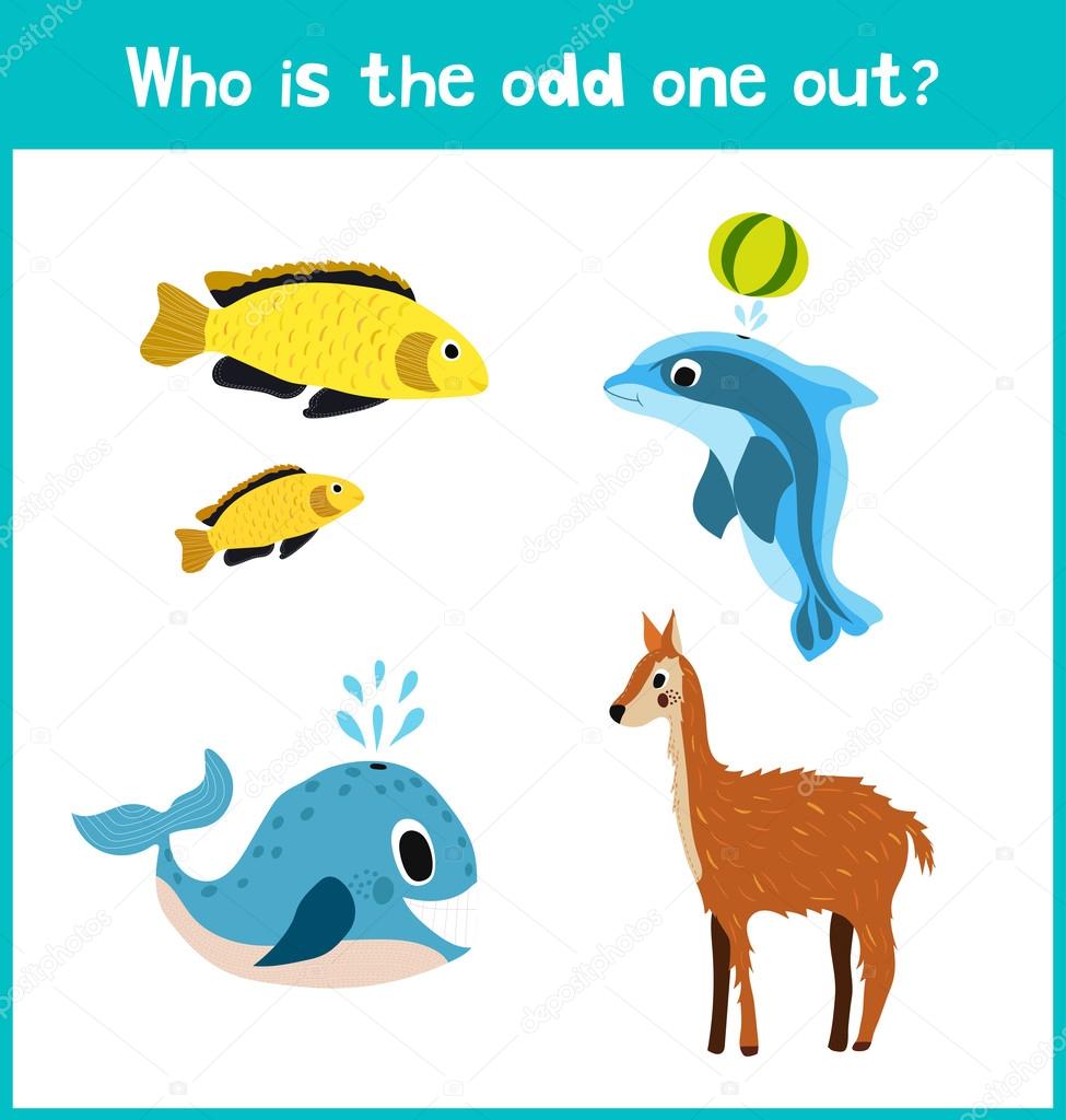 Children colorful educational cartoon game puzzle page for children's books and magazines on the theme get extra animal among marine fishes. Vector