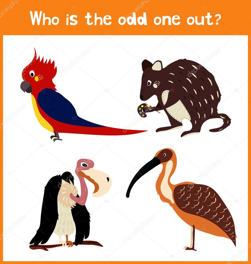 Children colorful educational cartoon game puzzle page for children's books and magazines on the theme get extra animal among the wild tropical birds. Vector