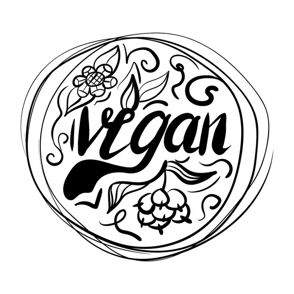 Letras tipográficas creativas con inscripciones veganas rodeadas de hojas y bayas hechas a mano, aisladas sobre fondo blanco. Vector — Vector de stock