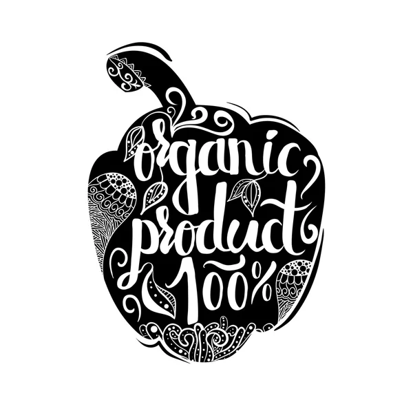 Kreative typografische Plakat auf einer schwarzen Silhouette einer süßen Paprika isoliert auf weißem Hintergrund für Geschäfte Bioprodukte. 100 Prozent Bio. Vektor — Stockvektor