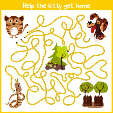 Cartoon of Education will continue the logical way home of colourful animals.Help me get the little kitty home by predatory animals. Matching Game for Preschool Children. Vector