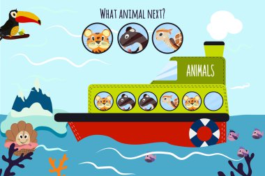 Cartoon Vector Illustration of Education will continue the logical series of colourful animals on a boat in the ocean among sea animals. Matching Game for Preschool Children. Vector
