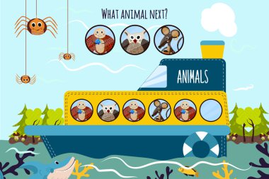 Cartoon Vector Illustration of Education will continue the logical series of colourful animals on a boat in the ocean among the wild Islands. Matching Game for Preschool Children. Vector