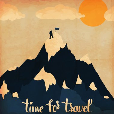 Vintage lettering poster on the theme of winter ski tourism. Landscape mountains.Time for travel. Vector