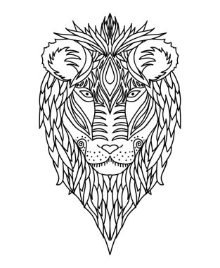 Black and white ornament of the face of the African wild king of beasts lion design ornamental lace. Page for adult coloring books. Hand drawn ink pattern. Vector