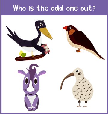 Cartoon of Education to find 1 extra pet from four birds in children's pictures . Matching Game for Preschool Children. Vector