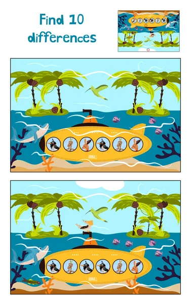 Cartoon der Bildung zu finden 10 Unterschiede in den Bildern der Kinder Unterwasserboot schwimmt mit den Tieren zwischen den Inseln. Passendes Spiel für Vorschulkinder. Vektor — Stockvektor