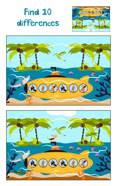 Cartoon  of Education to find 10 differences in children's pictures underwater boat swims with the animals among the Islands . Matching Game for Preschool Children. Vector