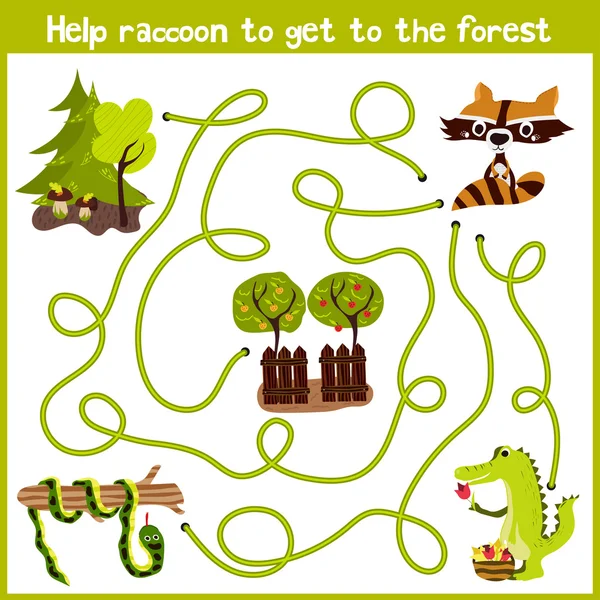 Cartoon of Education will continue the logical way home of colourful animals. Help little raccoon to get home in the wild forest. Matching Game for Preschool Children. Vector — ストックベクタ