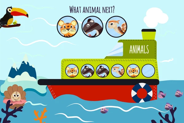 Cartoon Vector Ilustração da Educação continuará a série lógica de animais coloridos em um barco no oceano entre os animais marinhos. Jogo de correspondência para crianças pré-escolares. Vetor — Vetor de Stock