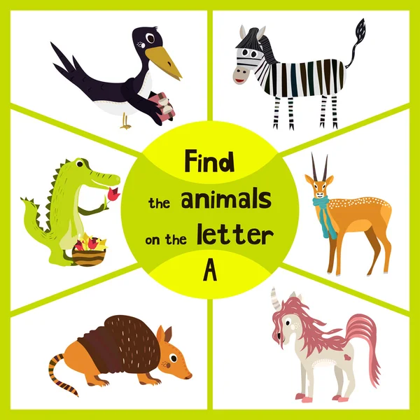 Divertido juego de laberinto de aprendizaje, encontrar los 3 animales lindos con la letra A, cocodrilo, antílope, Armadillo. Vector — Vector de stock