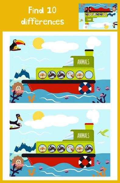 Cartoon of Education to find 10 differences in children's pictures of the boat with the animals of the wild jungle among marine fish and plants . Matching Game for Preschool Children. Vector — ストックベクタ