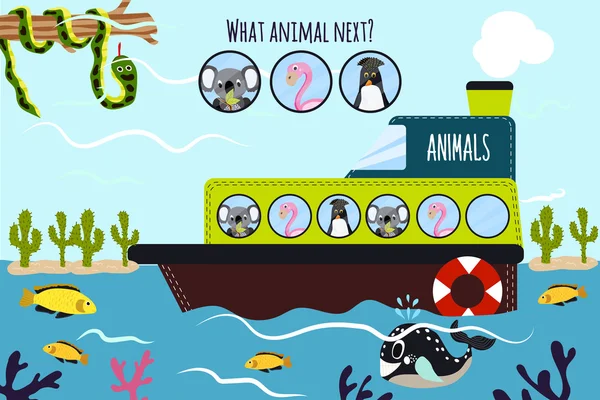 Cartoon-Vektor-Illustration von Bildung wird die logische Reihe bunter Tiere auf einem Boot im Ozean unter Meeresfischen fortsetzen. Passendes Spiel für Vorschulkinder. Vektor — Stockvektor