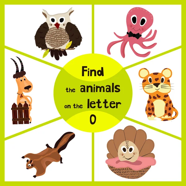 Divertido juego de laberinto de aprendizaje, encontrar los 3 animales salvajes lindos a la letra O, pulpo habitante del mar, búho leñoso y concha de mar. Página educativa para niños. Vector — Vector de stock