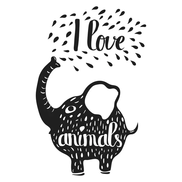 Hand drawn lettering typography poster on the silhouette of an elephant on a white background. I love animals. Vector — 图库矢量图片