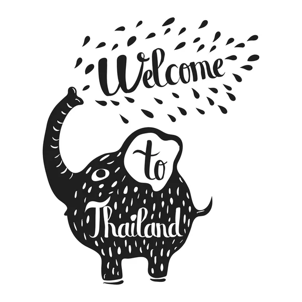 Cartaz tipográfico com letras desenhadas à mão. Bem-vindo à Tailândia, citação de viagem. Silhueta isolada de um elefante em um fundo branco. Vetor — Vetor de Stock