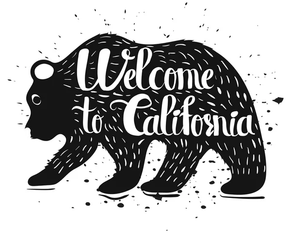 Винтажный постер ручной работы на тему Калифорнии США. Изолированный силуэт медведя с текстом на белом фоне. Вектор — стоковый вектор