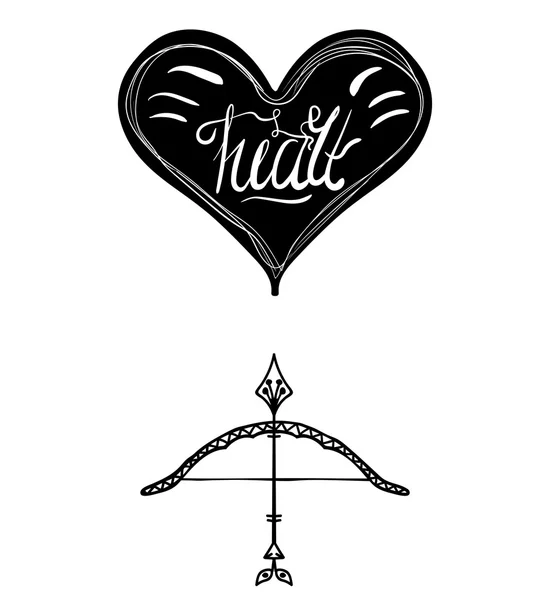 Творческий типографический плакат с надписью черным силуэтом изолирован на белом фоне. Лук со стрелами и сердцем. Вектор — стоковый вектор