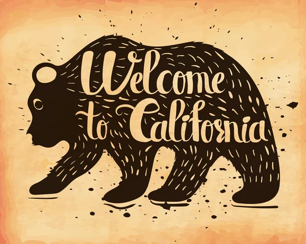 Vintage handlettering the poster California USA (en inglés). La silueta de un oso salvaje con texto. Vector — Vector de stock