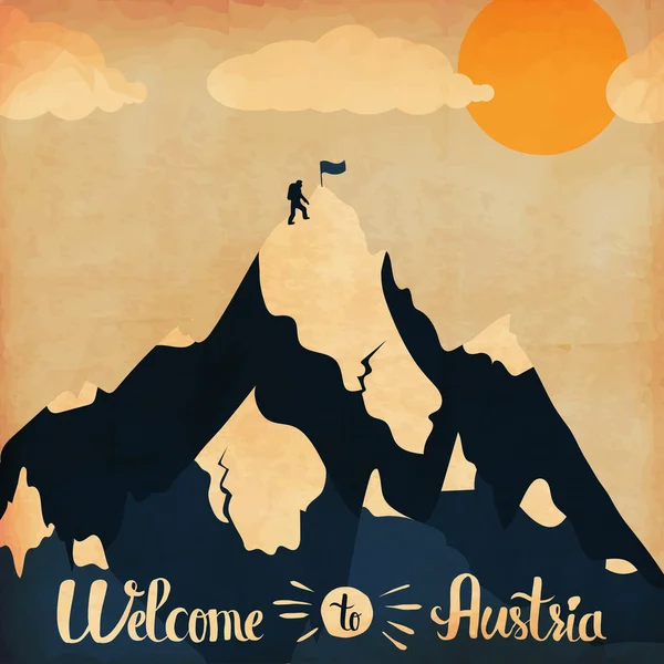 Винтажный постер ручной работы на тему зимнего туризма. Ландшафтные горы приветствуются на курортах Австрии. Вектор — стоковый вектор