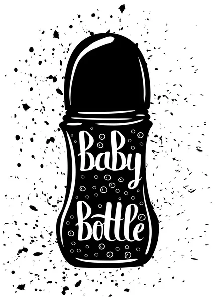 Vintage cartoon print baby bottle and hand lettering isolated on white background. Vector — Stockvector