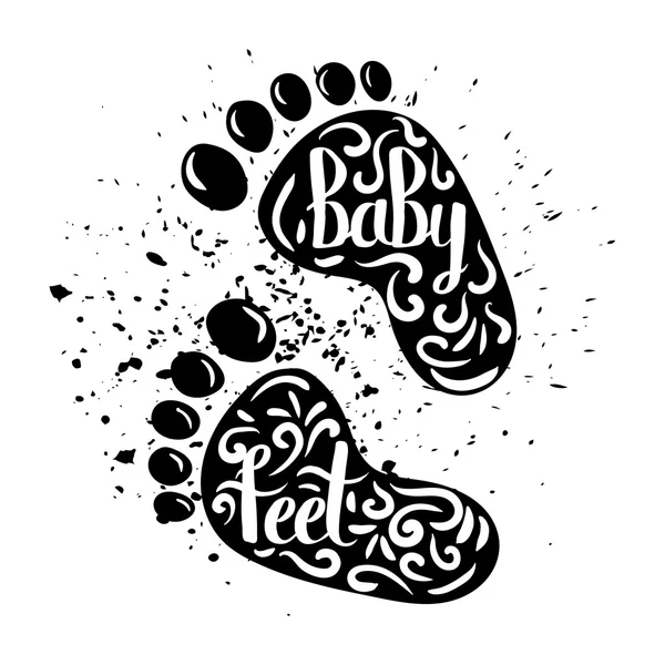 Vintage cartoon print baby traces from the legs and hand lettering isolated on white background. Vector — Stok Vektör
