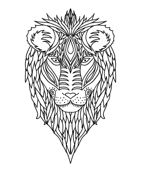 Adorno blanco y negro de la cara del rey salvaje africano de las bestias león diseño encaje ornamental. Página para libros para colorear para adultos. Patrón de tinta dibujada a mano. Vector — Vector de stock