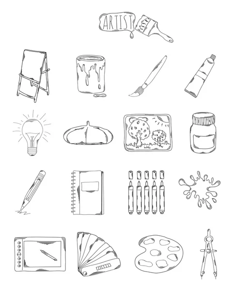 Colección profesional de iconos y elementos. Set de elementos artísticos dibujados a mano, garabatos aislados sobre fondo blanco. Vector — Archivo Imágenes Vectoriales