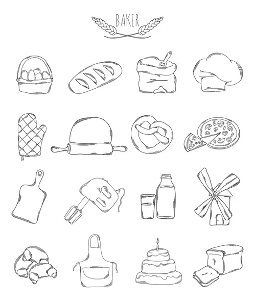Professionele verzameling van pictogrammen en elementen. Set culinair, baksel en gebakje hand getekende elementen, doodles geïsoleerd op een witte achtergrond. Vector — Stockvector
