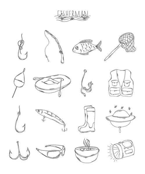 Collection professionnelle d'icônes et d'éléments. Ensemble de pêche d'éléments dessinés à la main, griffes isolées sur fond blanc. Vecteur — Image vectorielle