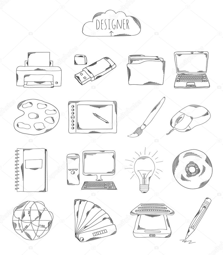 Professional collection of icons and elements. Set designer, computer hand drawn elements doodles isolated on white background. Vector
