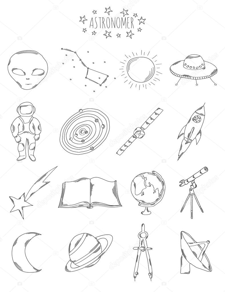 Professional collection of icons and elements. The astronomical set of hand drawn elements,  doodles isolated on white background. Vector