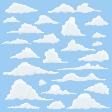 Cartoon Clouds Set On Blue Sky Background. Set of funny cartoon clouds, smoke patterns and fog icons, for filling your sky scenes or ui games backgrounds clipart