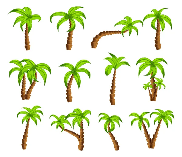 Cartoon green palm trees on a white background. Set of isolated funny cartoon tropical trees patterns icons, for filling your sky scenes or the game interface backgrounds, Vector — Stockový vektor