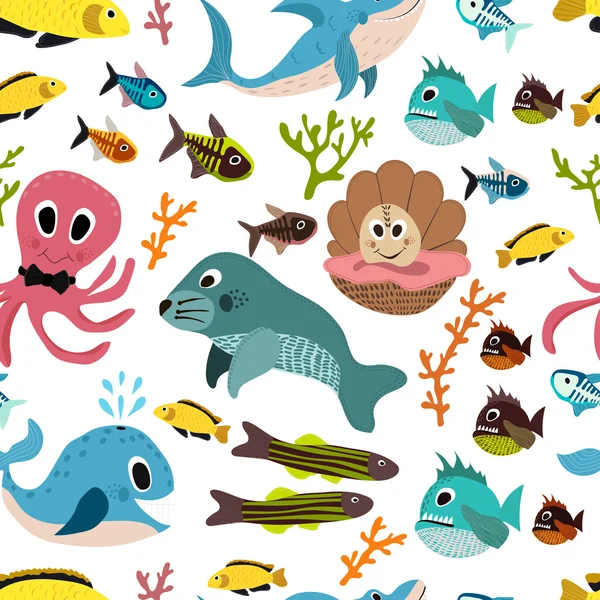 Cute seamless underwater texture design. Cartoon style. vector — 图库矢量图片