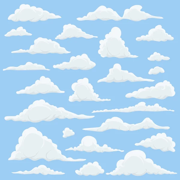 Nubes de dibujos animados en el fondo del cielo azul. Conjunto de divertidas nubes de dibujos animados, patrones de humo e iconos de niebla, para llenar tus escenas del cielo o fondos de juegos ui — Vector de stock