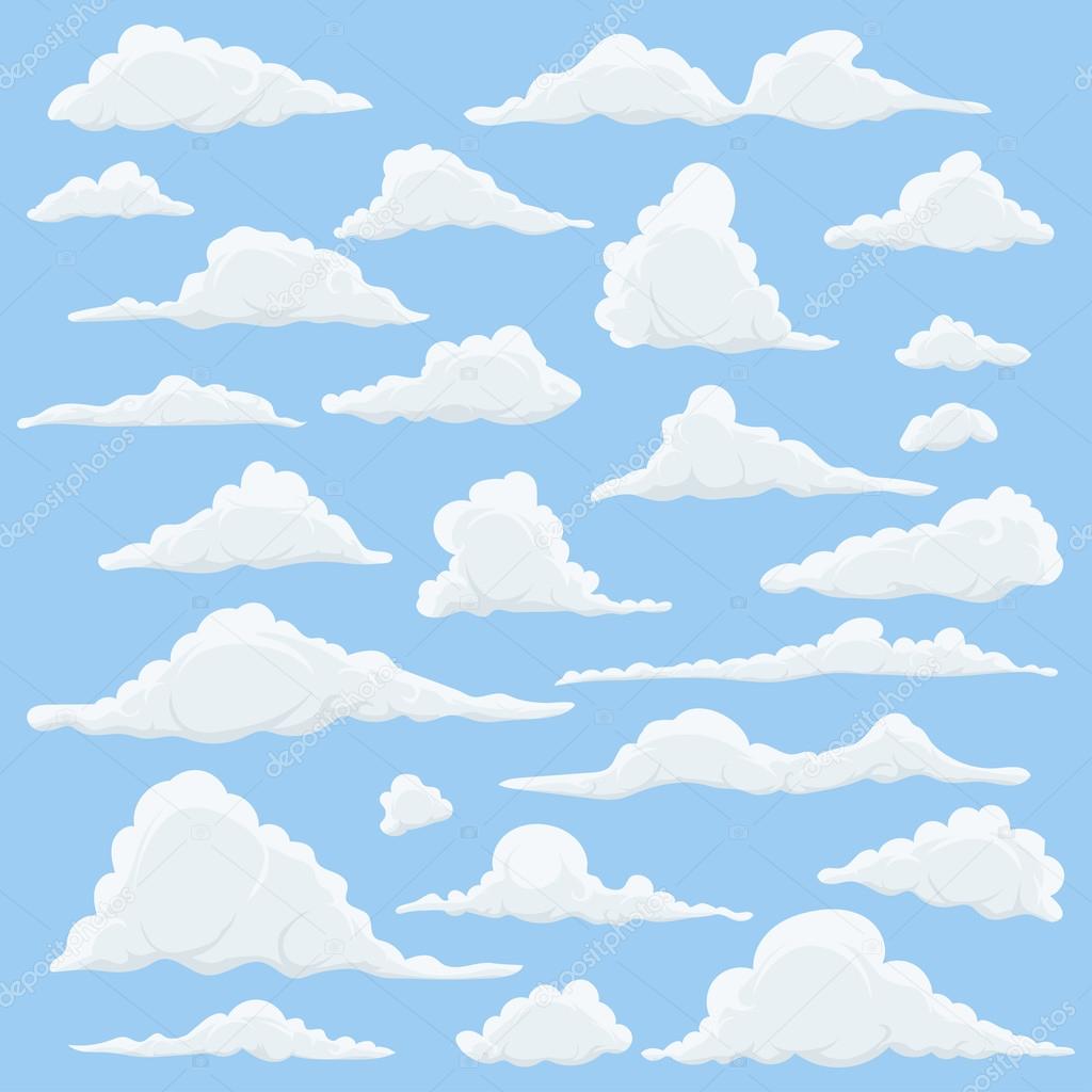 Cartoon Clouds Set On Blue Sky Background. Set of funny cartoon clouds, smoke patterns and fog icons, for filling your sky scenes or ui games backgrounds