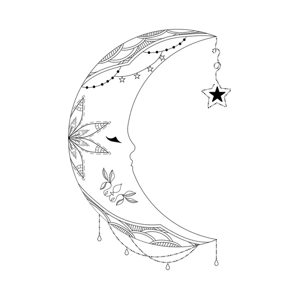 Patrón étnico decorativo hecho a mano con la imagen de la luna. Vector — Archivo Imágenes Vectoriales