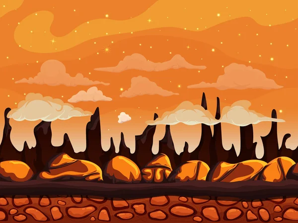 Seamless cartoon mountain nature landscape, unending background with soil, stones on a background of mountains and cliffs with night sky cloud layers. Vector — Stok Vektör