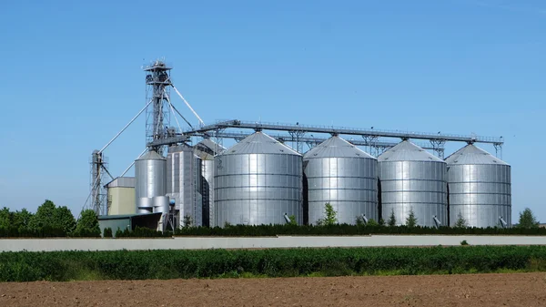 Silos de plata en el campo agrícola —  Fotos de Stock