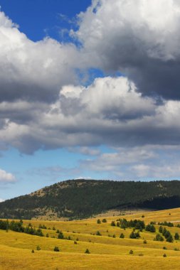 Dağ manzarası, çayır ve bulutlu mavi gökyüzü