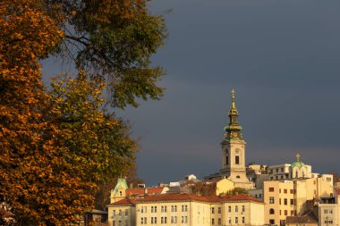 Belgrad mimarisi ve Sırbistan başkentinin sonbahar ağaç dallarıyla simgeleri