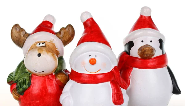 Weihnachtsdeko Puppen Schneemänner Elche Und Pinguin Puppen Weihnachtsmann Outfit — Stockfoto