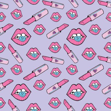 dudakları ve ruj ile çizilmiş karikatür tarzı pembe sorunsuz arka plan el