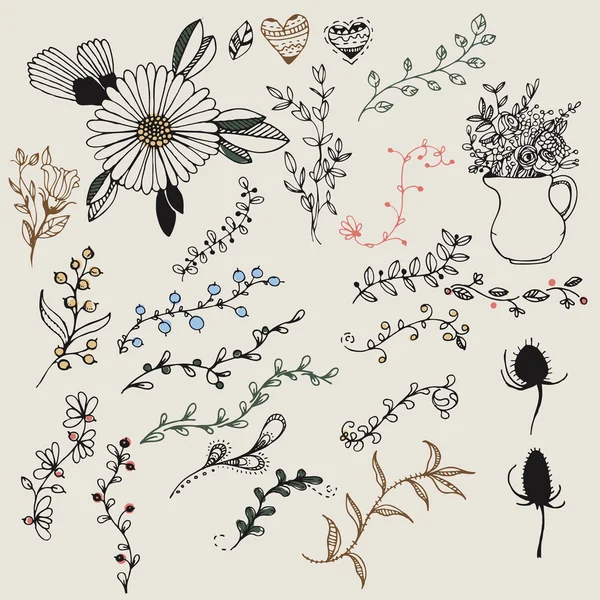 Conjunto dibujado a mano de elementos florales vintage y marcos. Eventos, saludos, bodas — Vector de stock