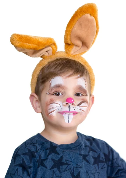 Ragazzo bambino faccia dipinto pasqua coniglietto — Foto Stock