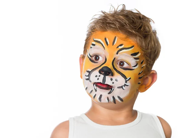 Lovely adorable kid with paintings on his face as a tiger or lion Royalty Free Stock Images