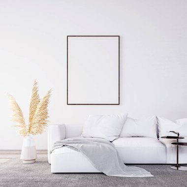 Beyaz mobilyalı modern beyaz iç tasarım ve boş resim çerçevesi 3B oluşturma