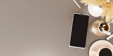 Akıllı telefon, kahve ve aksesuarlı dahili ofis masasının üst görüntüsü bronzlaşmış arka plan 3D Görüntü, 3D Görüntü